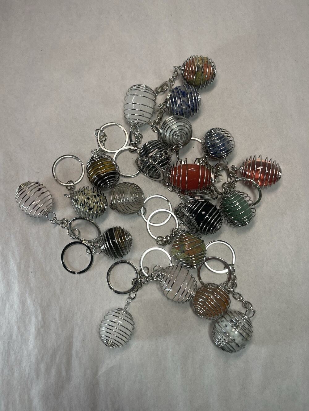 Lot of 18 Gemstone Crystal Spiral Cage Keychains Mixed Stones